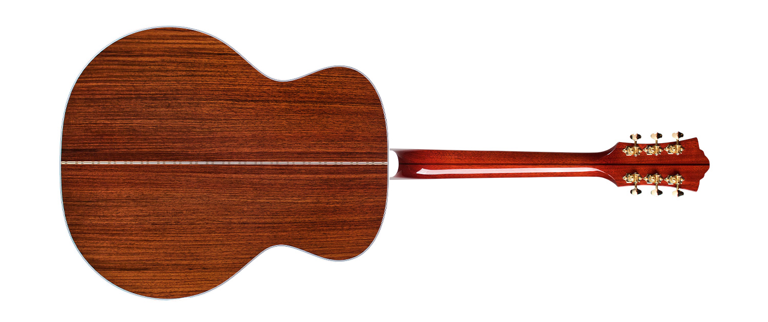 Horizontal back view of F-55 natural guitar