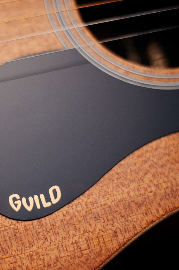 Close up of Travel Mahogany pickguard with Guild logo thumbnail